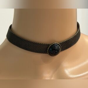 Vintage-Style Antique Goldtone Mesh Choker with Black Stone Centerpiece